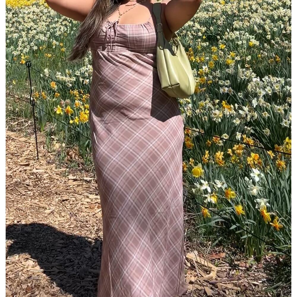 neutral/tan plaid print midi dress - Picture 8 of 8
